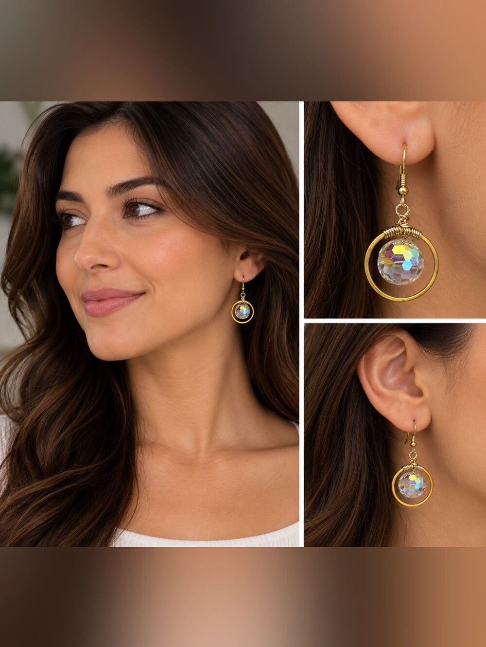 Gold Hoop Earrings with Iridescent Crystal Accent